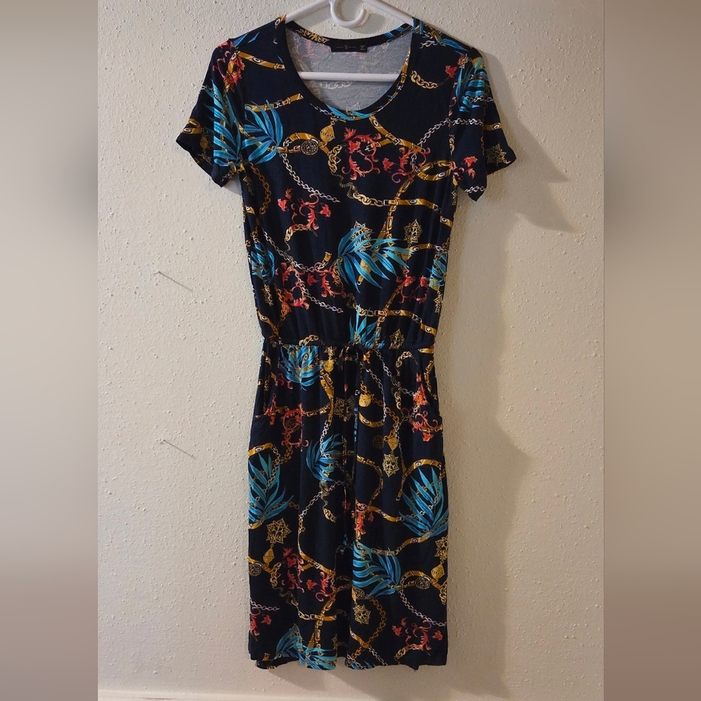 Elegant Blue and Multicolor Patterned Drawstring Dress with Slant Pockets (S)